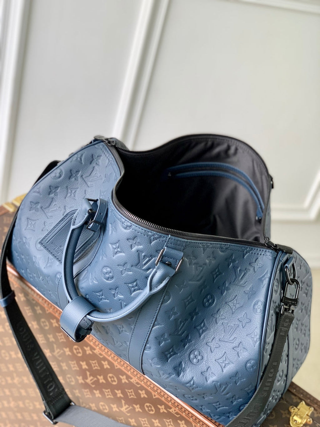 Louis Vuitton Keepall Bandoulière 50 in Dark Blue Monogram Shadow Embossed Calfskin Bag