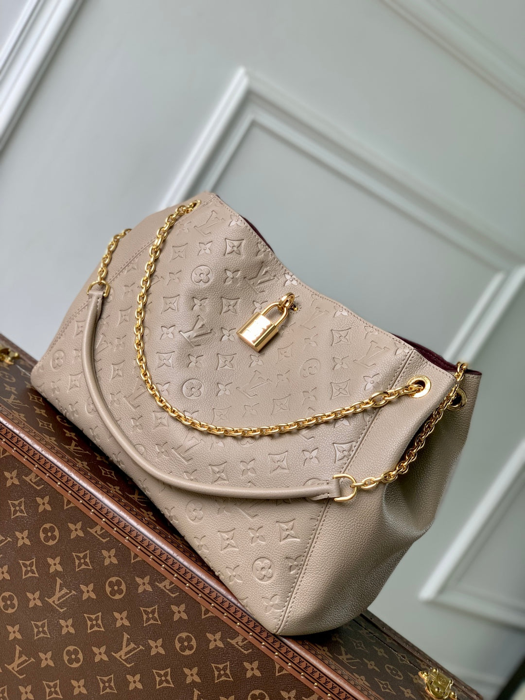 Louis Vuitton Anytime MM 42 in Tourterelle Gray Monogram Empreinte Calfskin Gold Hardware Bag