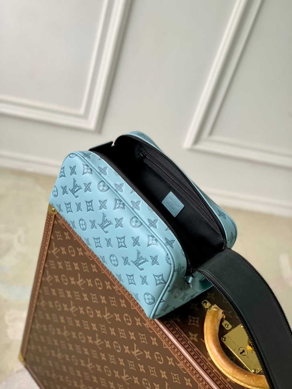Louis Vuitton Dopp Kit 28 in Sky Blue Monogram Shadow Calfskin Embossed Logo Bag