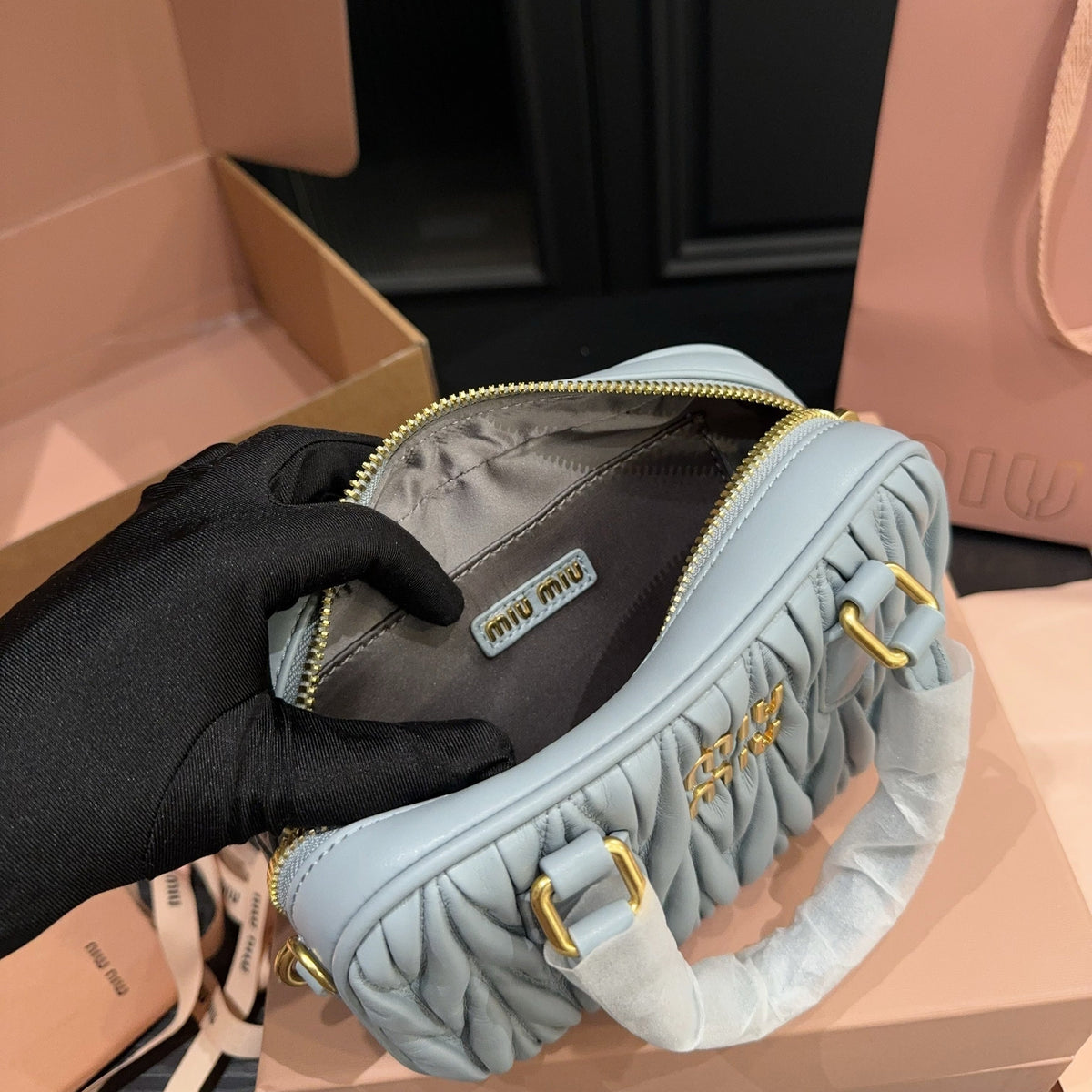 Arcadie Matelassé Bag 20 in Grey Lambskin Gold Hardware