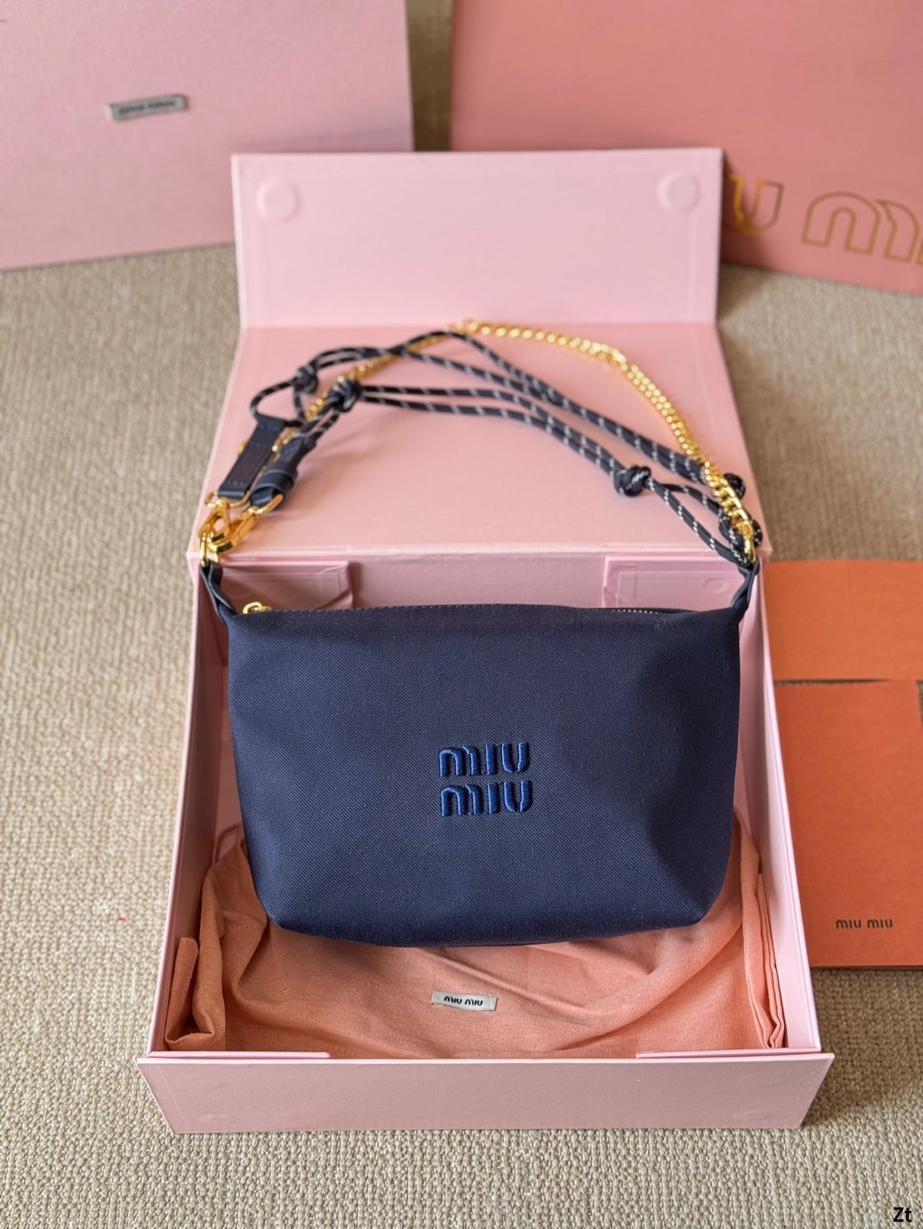 Chain Shoulder Bag 19 in Navy Blue Fabric Gold Hardware