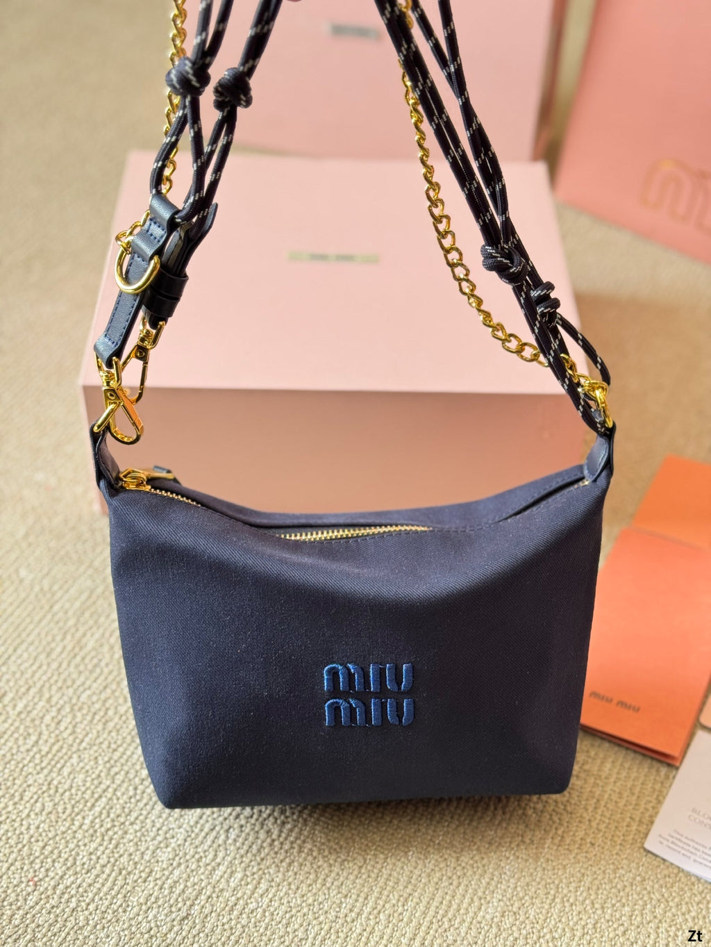 Chain Shoulder Bag 19 in Navy Blue Fabric Gold Hardware