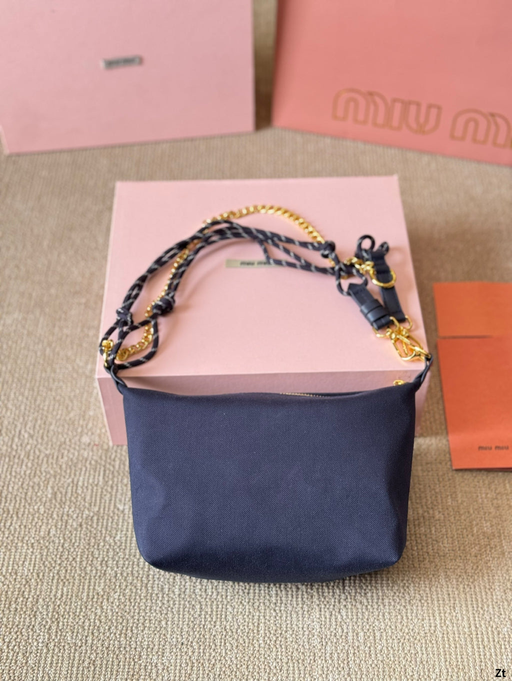 Chain Shoulder Bag 19 in Navy Blue Fabric Gold Hardware