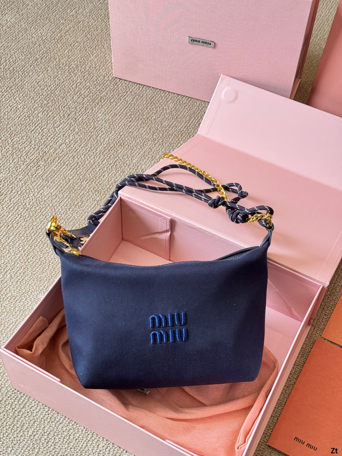 Chain Shoulder Bag 19 in Navy Blue Fabric Gold Hardware