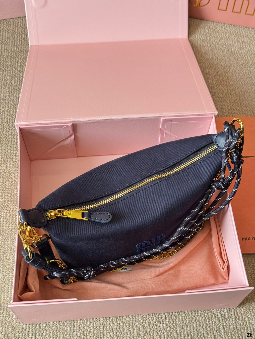 Chain Shoulder Bag 19 in Navy Blue Fabric Gold Hardware