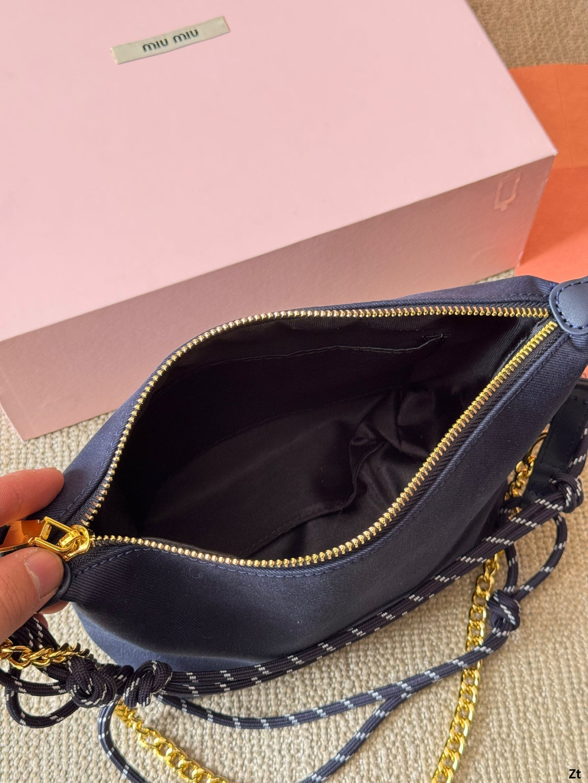 Chain Shoulder Bag 19 in Navy Blue Fabric Gold Hardware
