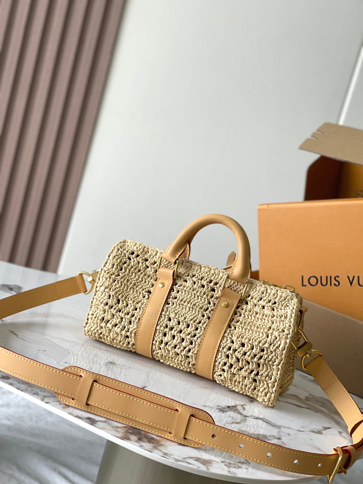 Louis Vuitton Keepall Bandoulière 25 in Beige Crocheted Raffia and Calfskin Trim Bag