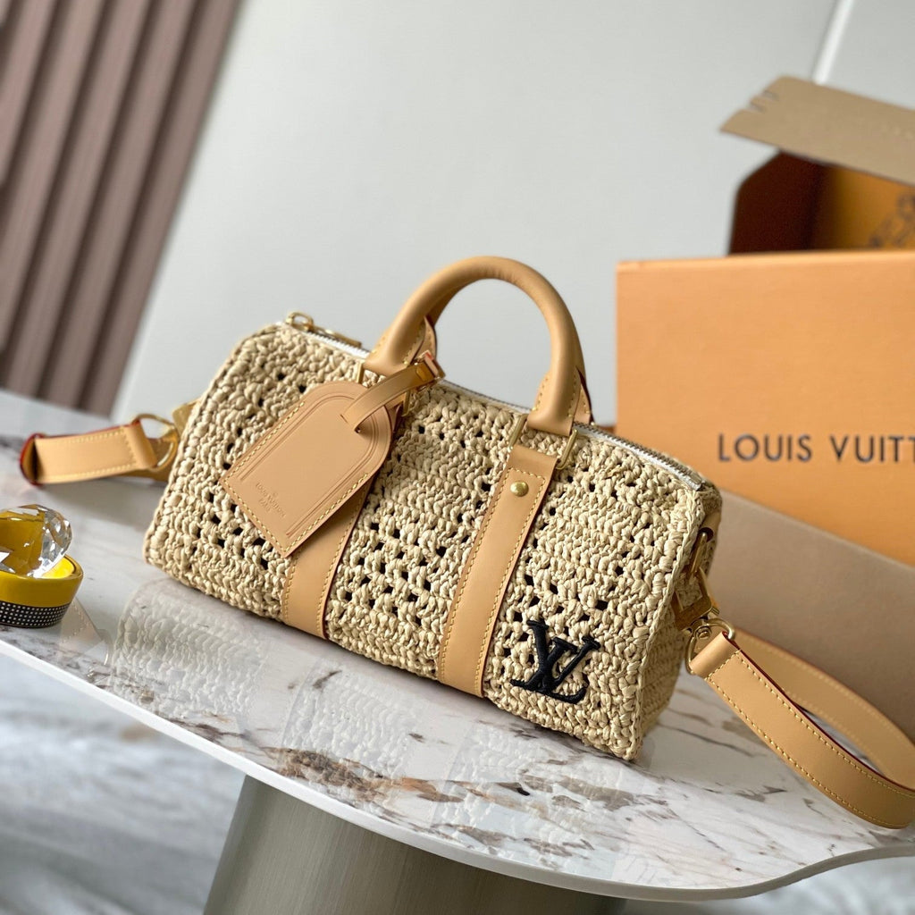 Louis Vuitton Keepall Bandoulière 25 in Beige Crocheted Raffia and Calfskin Trim Bag