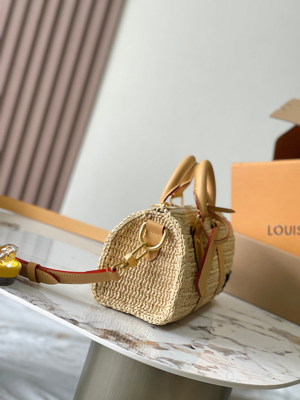 Louis Vuitton Keepall Bandoulière 25 in Beige Crocheted Raffia and Calfskin Trim Bag