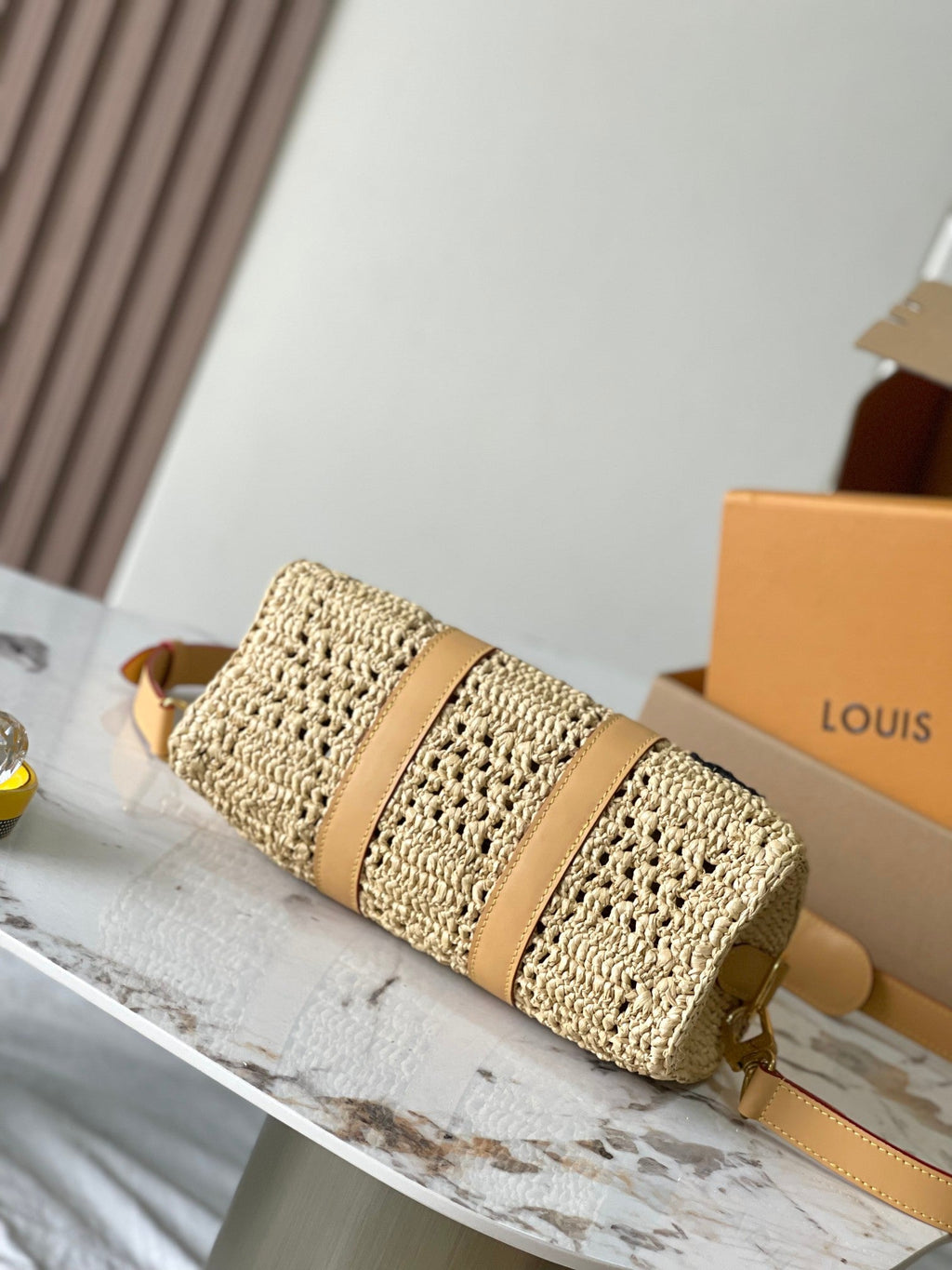 Louis Vuitton Keepall Bandoulière 25 in Beige Crocheted Raffia and Calfskin Trim Bag