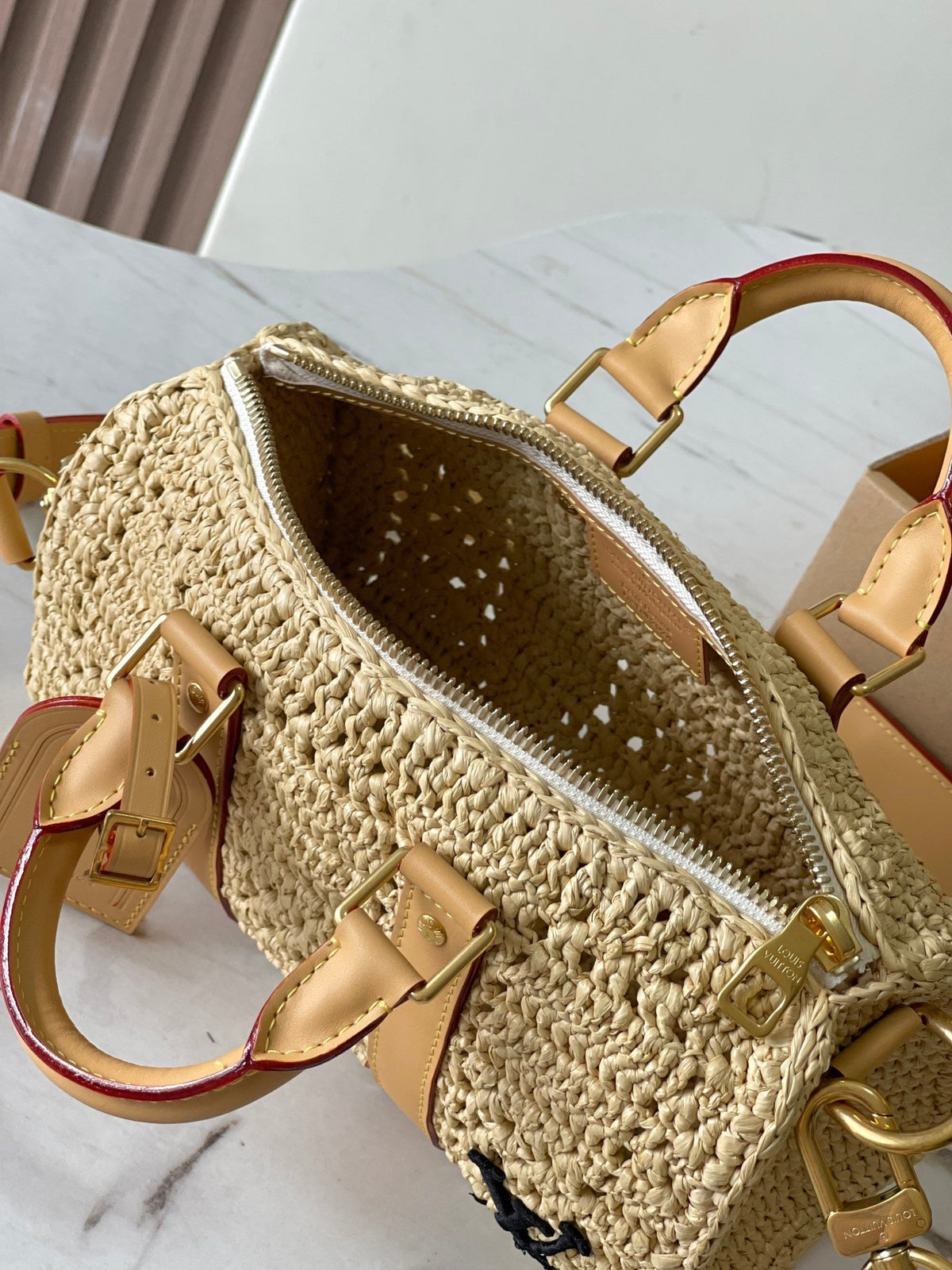 Louis Vuitton Keepall Bandoulière 25 in Beige Crocheted Raffia and Calfskin Trim Bag
