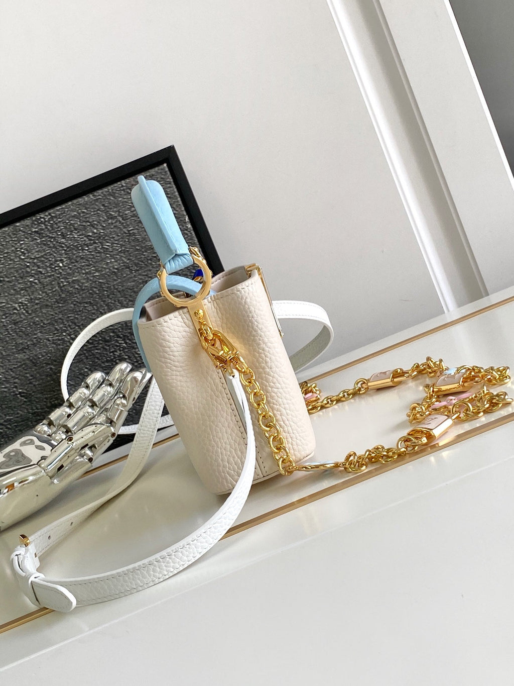 Louis Vuitton Capucines Nano 16 in Pearl White Mix Sky Blue Taurillon Gold Hardware Bag