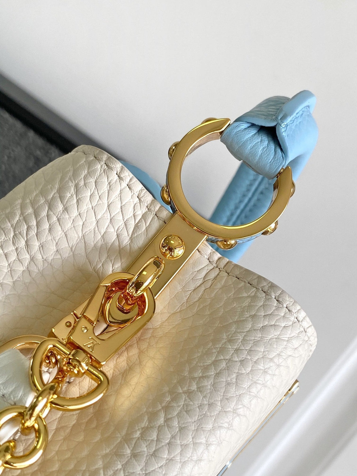 Louis Vuitton Capucines Nano 16 in Pearl White Mix Sky Blue Taurillon Gold Hardware Bag