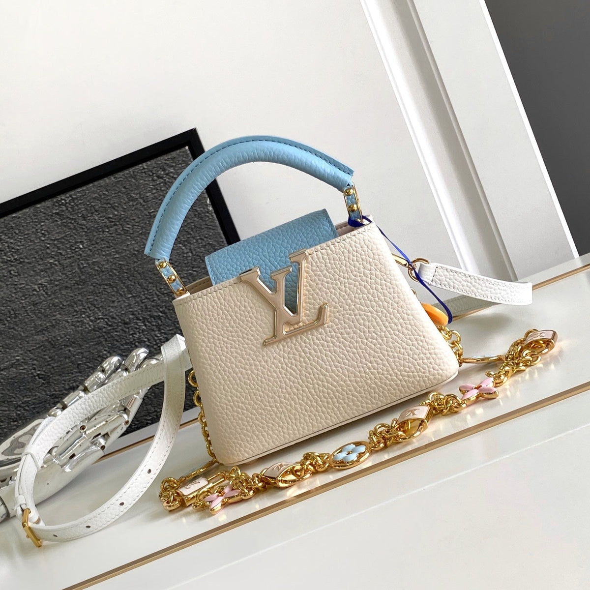 Louis Vuitton Capucines Nano 16 in Pearl White Mix Sky Blue Taurillon Gold Hardware Bag