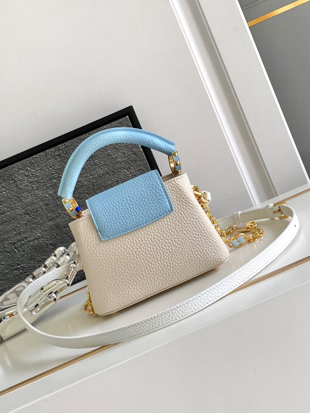 Louis Vuitton Capucines Nano 16 in Pearl White Mix Sky Blue Taurillon Gold Hardware Bag
