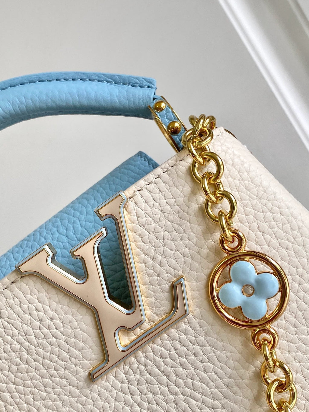 Louis Vuitton Capucines Nano 16 in Pearl White Mix Sky Blue Taurillon Gold Hardware Bag