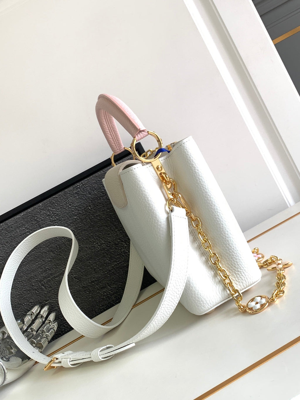 Louis Vuitton Capucines BB 27 in White Mix Pink and Beige Taurillon Gold Hardware Bag