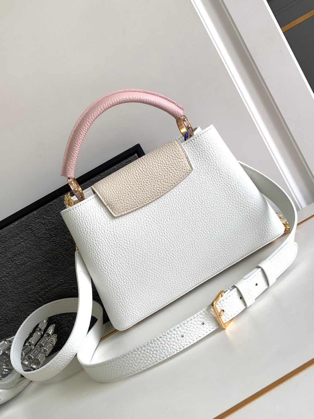 Louis Vuitton Capucines BB 27 in White Mix Pink and Beige Taurillon Gold Hardware Bag