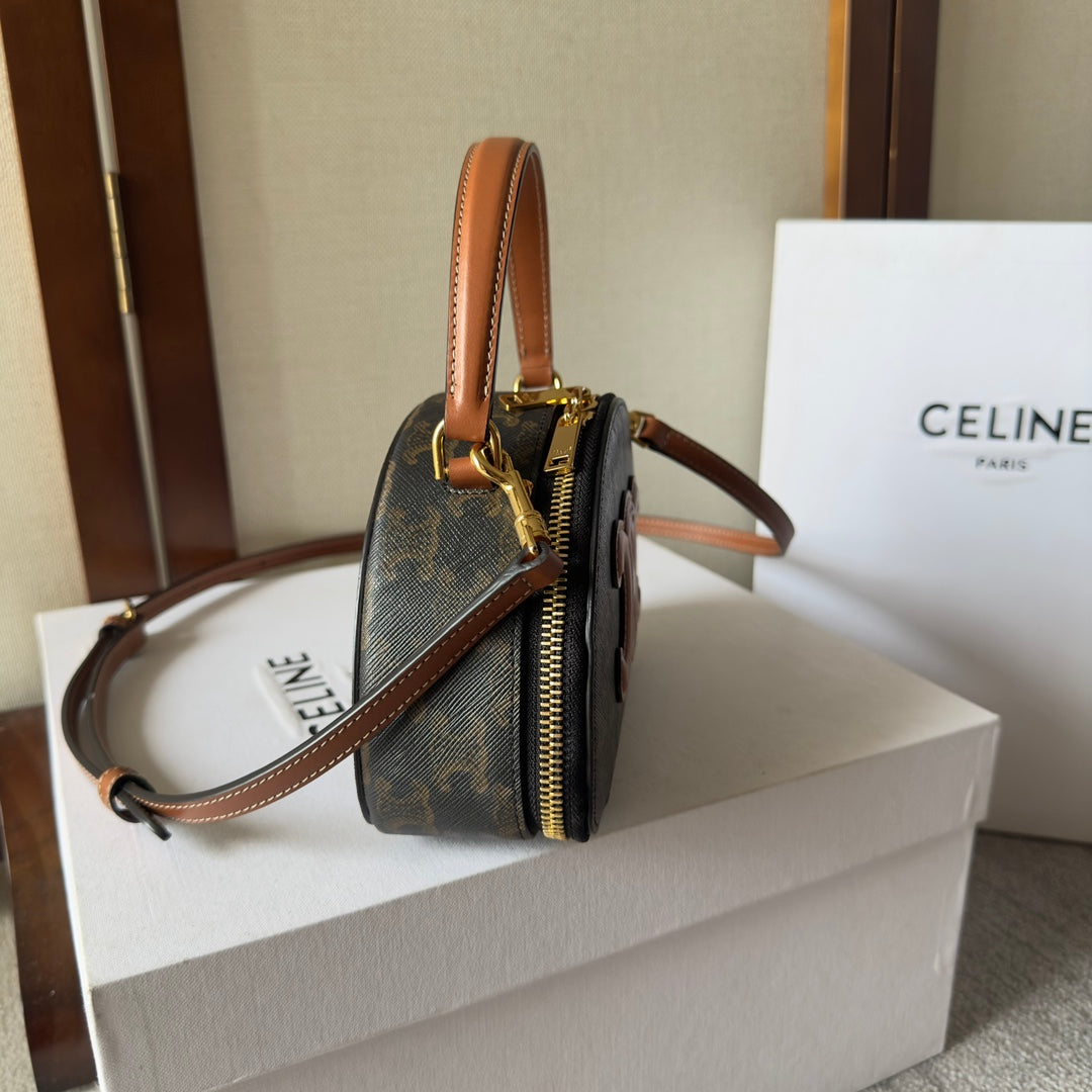Celine Half Moon Case 18 in Black Triomphe Canvas and Bronze Brown Calfskin