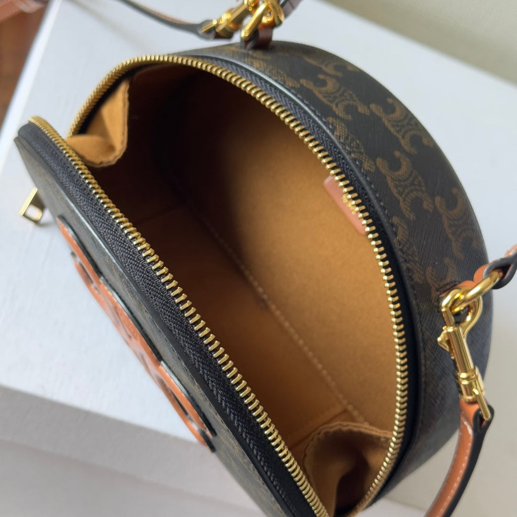 Celine Half Moon Case 18 in Black Triomphe Canvas and Bronze Brown Calfskin