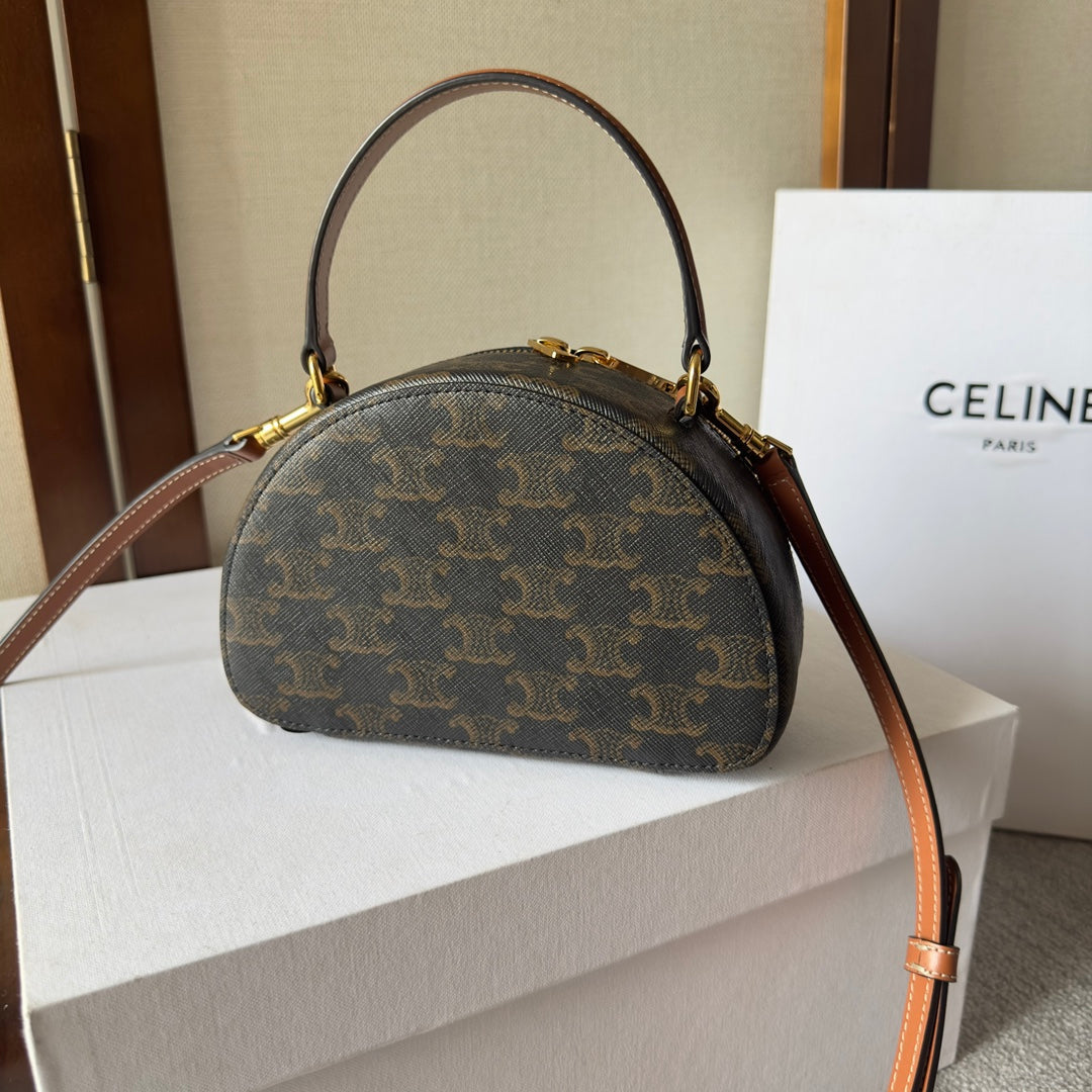Celine Half Moon Case 18 in Black Triomphe Canvas and Bronze Brown Calfskin