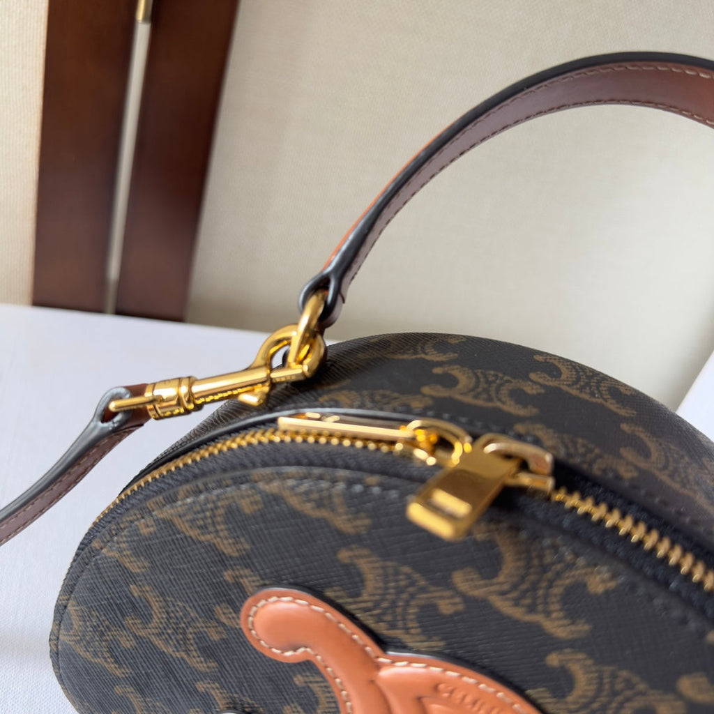 Celine Half Moon Case 18 in Black Triomphe Canvas and Bronze Brown Calfskin