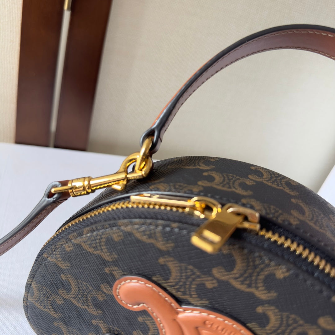 Celine Half Moon Case 18 in Black Triomphe Canvas and Bronze Brown Calfskin