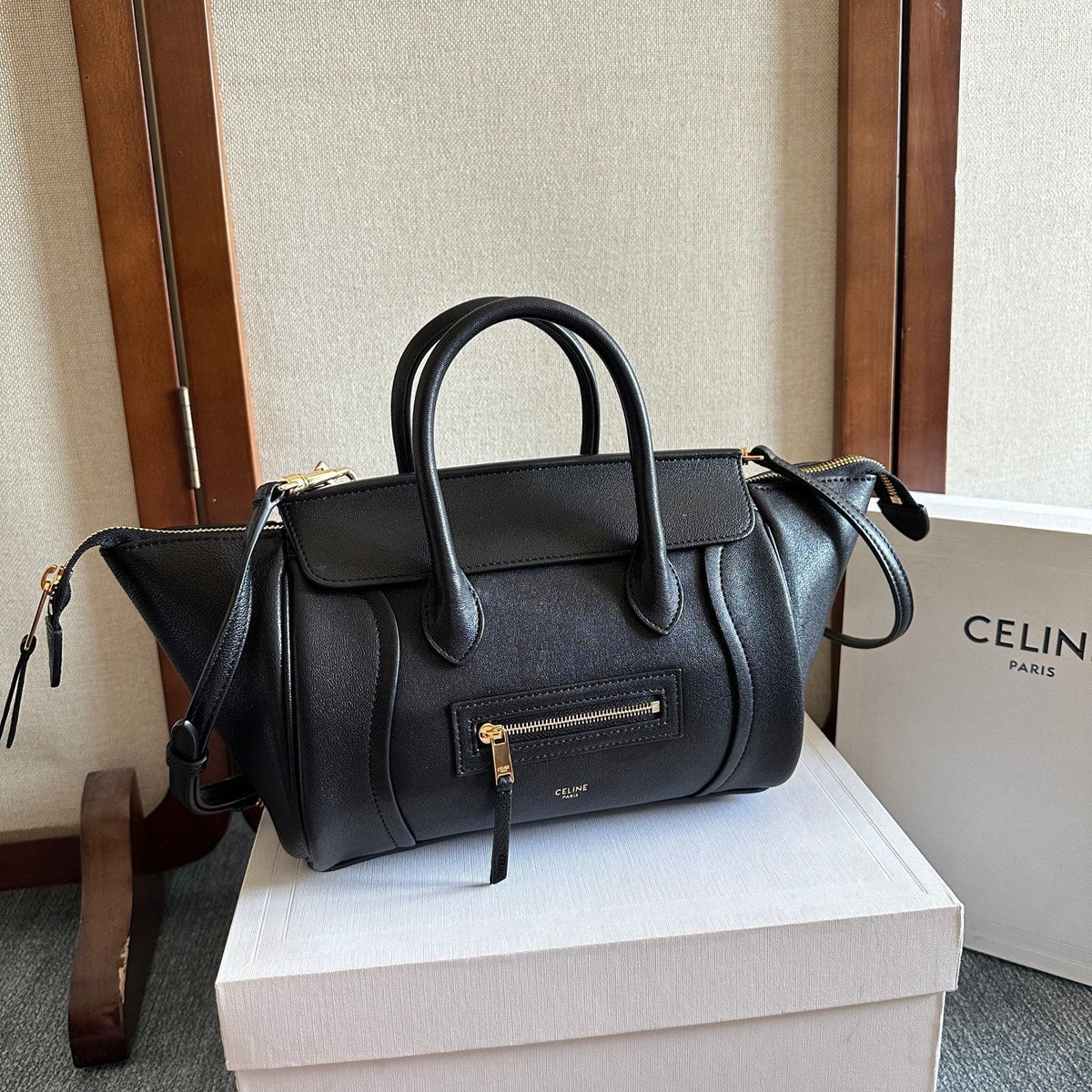 Celine 25S New Luggage 36mm in Black Calfskin Gold Hardware Bag