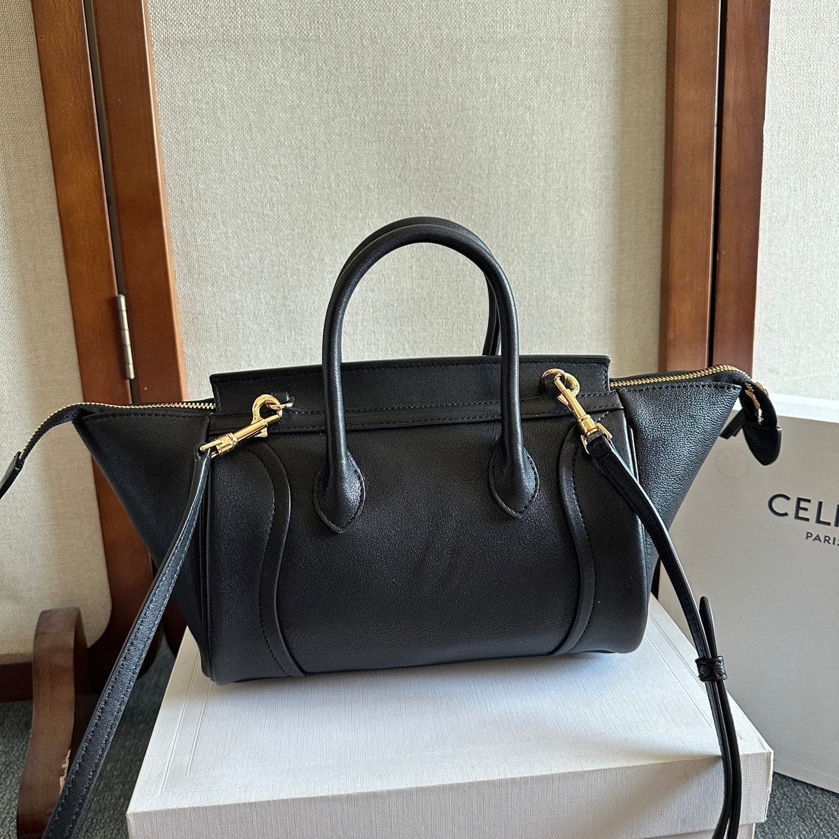 Celine 25S New Luggage 36mm in Black Calfskin Gold Hardware Bag