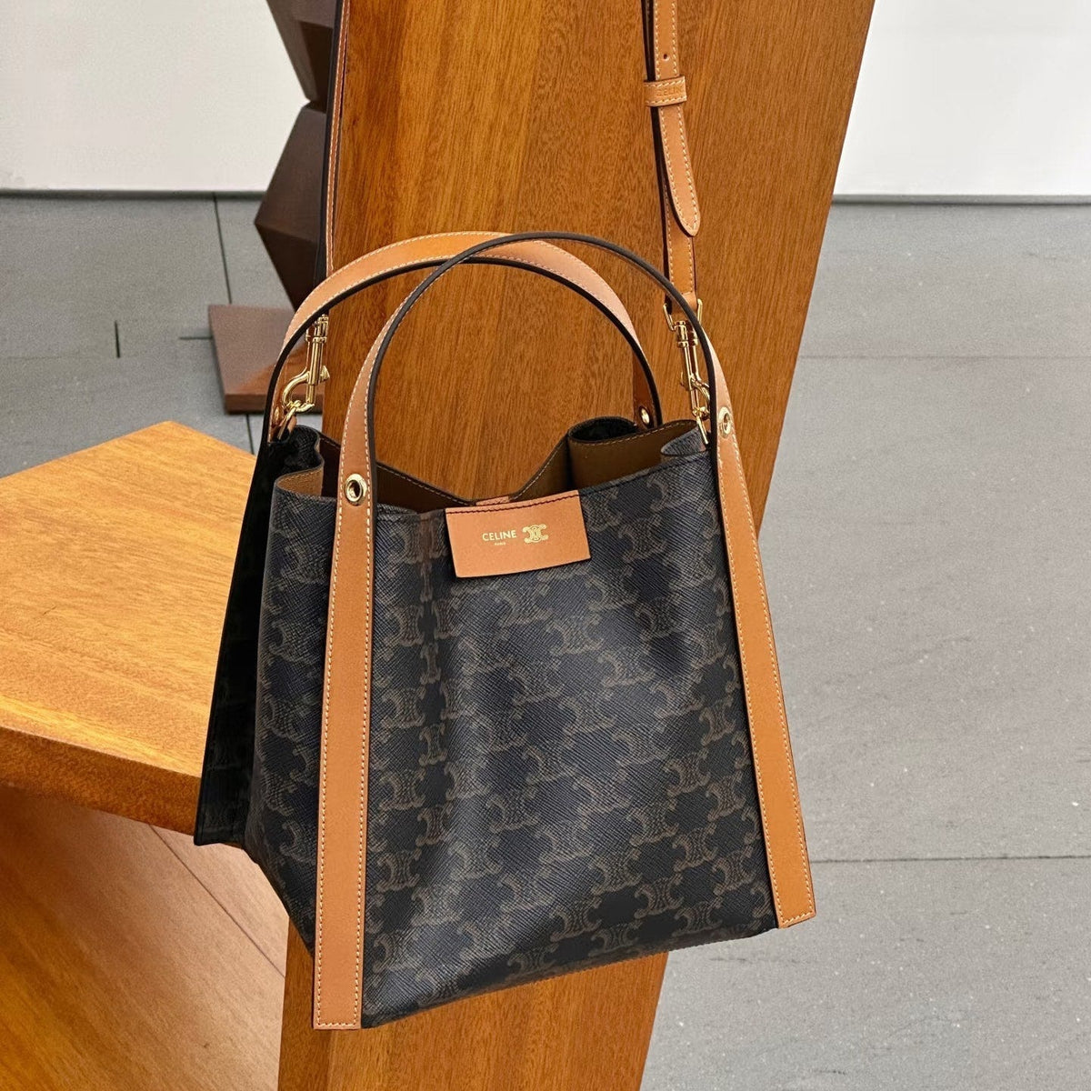 Celine 25S Small Cube Bag 21mm in Black Triomphe Canvas and Borwn Calfskin