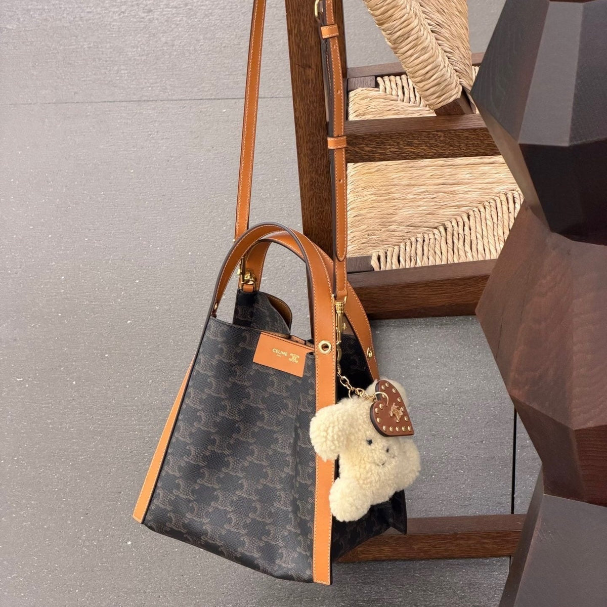 Celine 25S Small Cube Bag 21mm in Black Triomphe Canvas and Borwn Calfskin