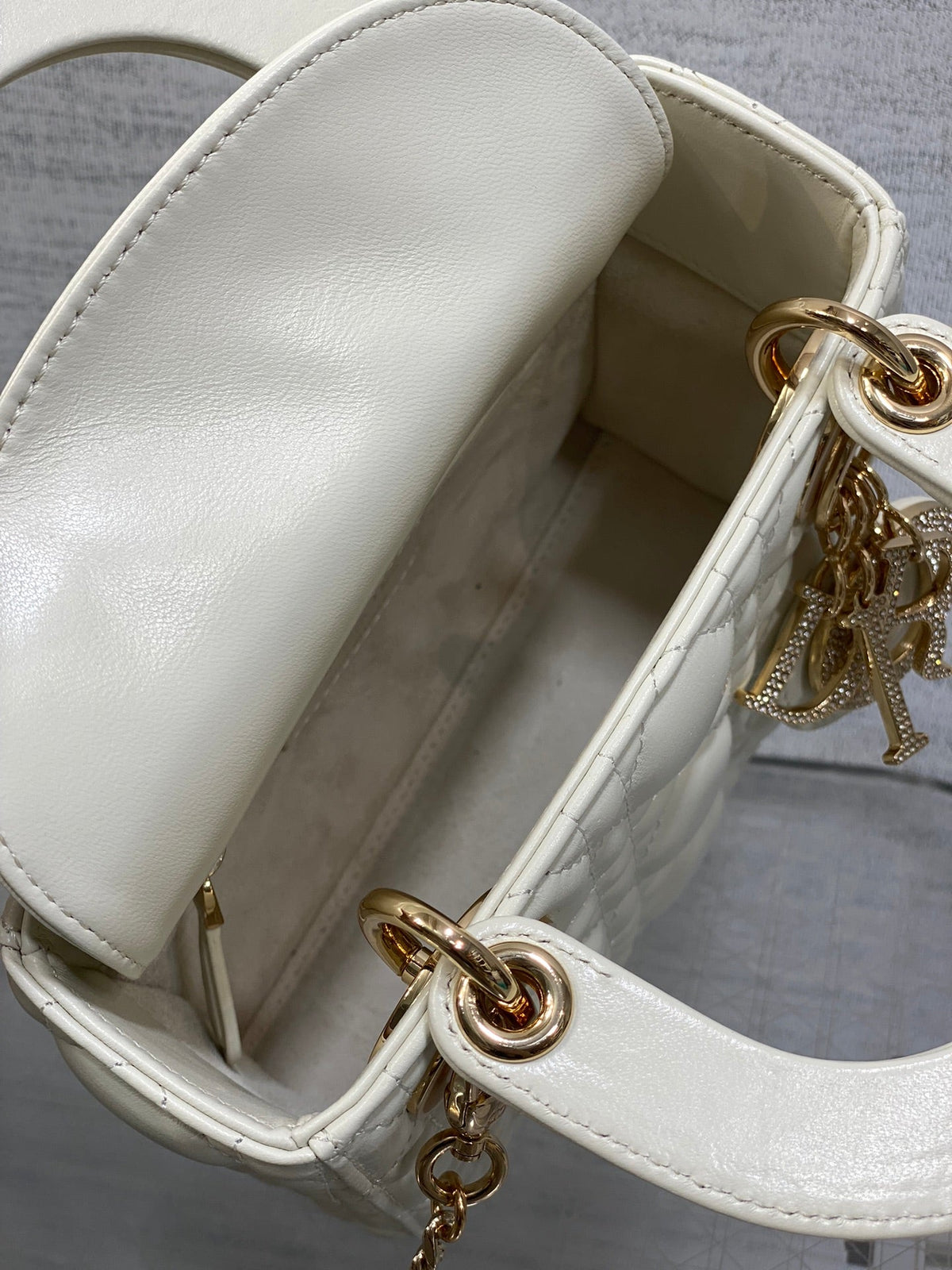 Dior 25S Mini Lady Bag 17 in Ivory Calfskin Charm Crystal Embellishments