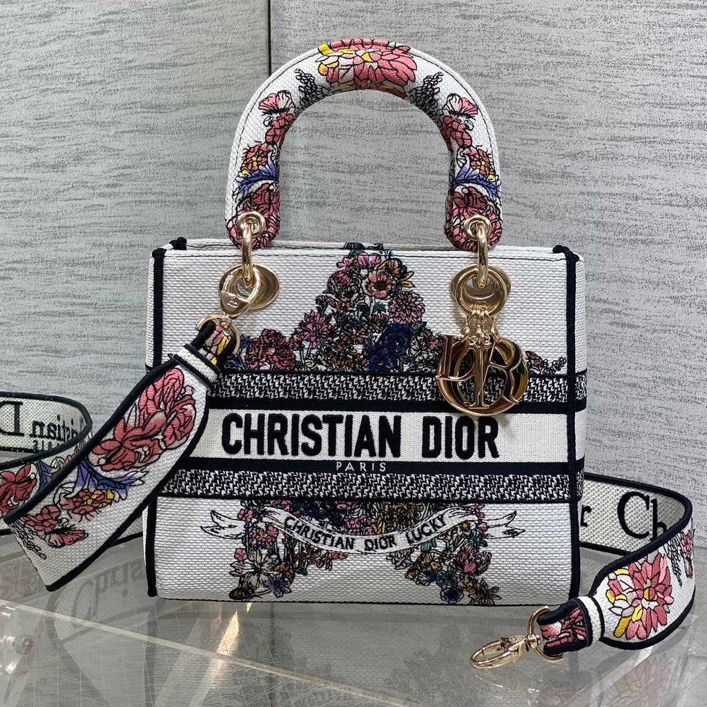 Dior 25S Small Lady D-Lite Bag 24 in White Red Star Embroidery