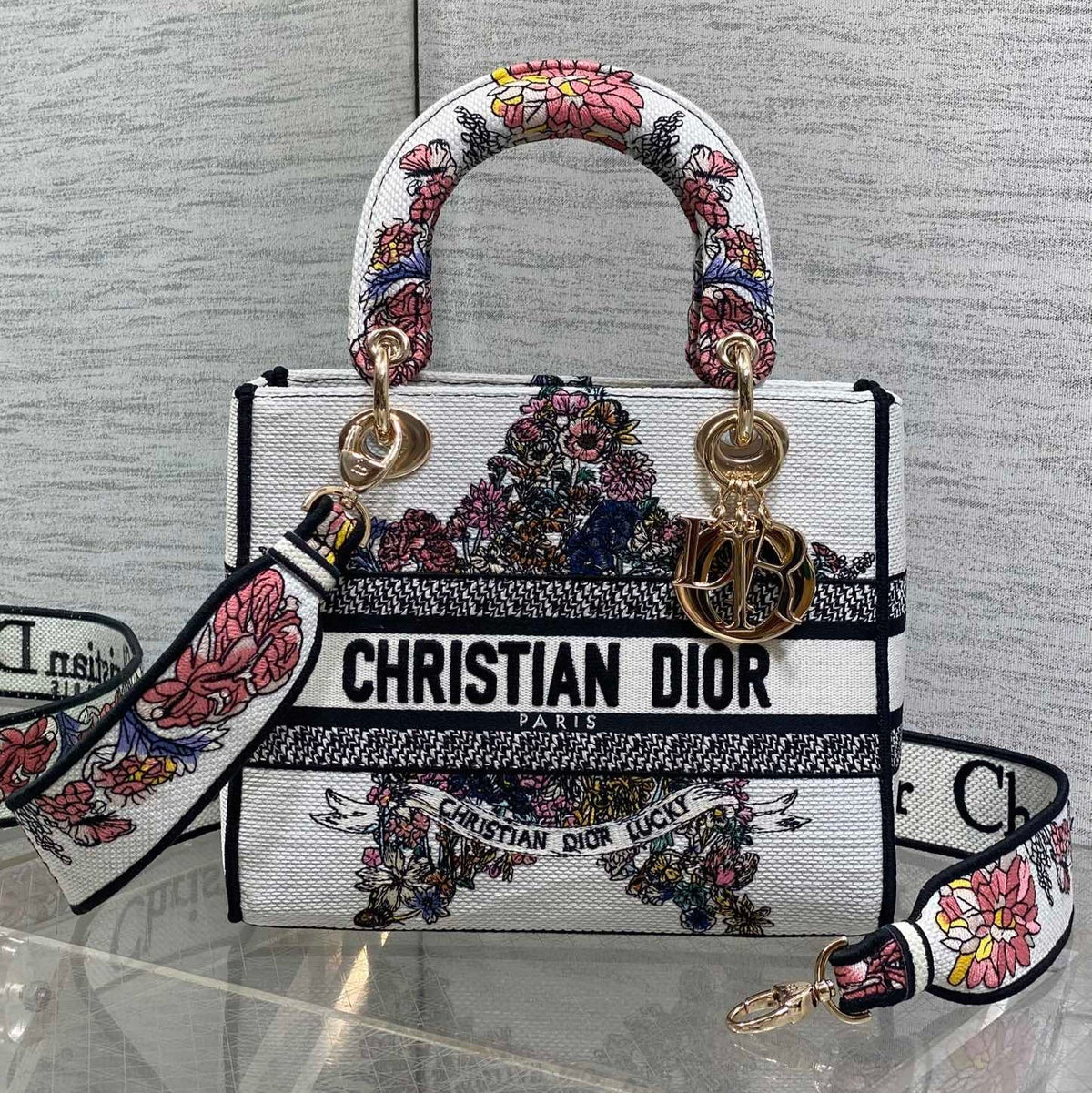 Dior 25S Small Lady D-Lite Bag 24 in White Red Star Embroidery