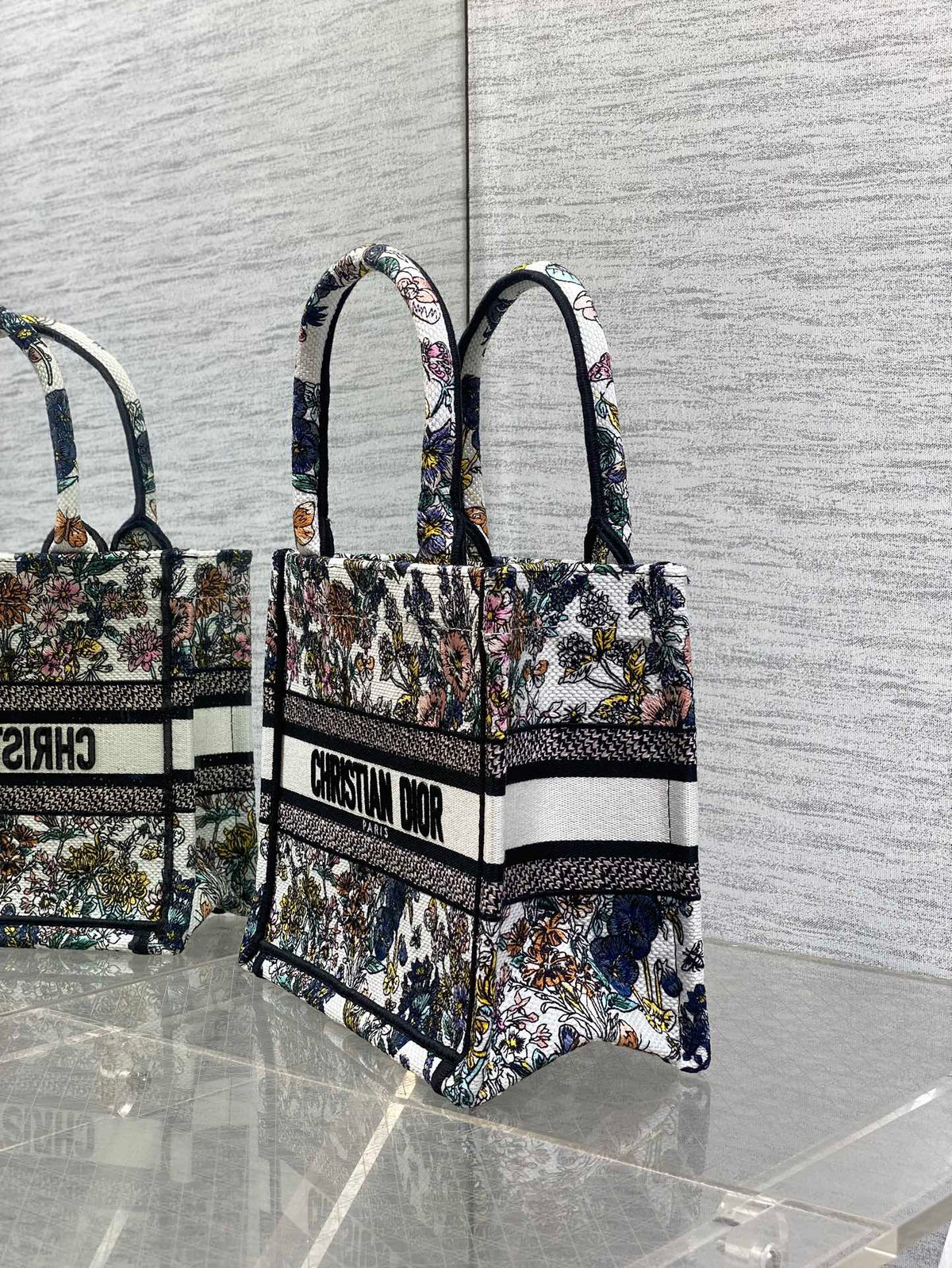 Dior 25S Lucky Small Dior Book Tote 26 in Multicolor Dior Flowers Calendar Allover Embroidery