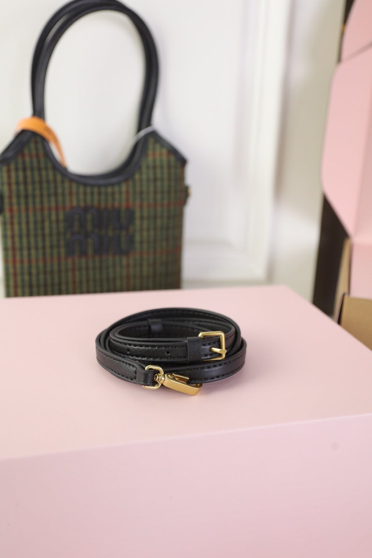 Ivy Mini Tote Bag 20 in Colorful Tartan and Black Leather Trim