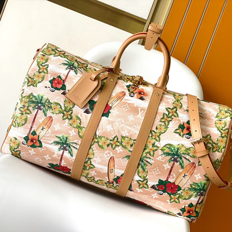 Louis Vuitton Keepall Bandoulière 50 in Sand Tropical Motifs Monogram Surfin Canvas Bag