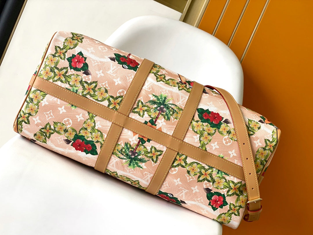 Louis Vuitton Keepall Bandoulière 50 in Sand Tropical Motifs Monogram Surfin Canvas Bag