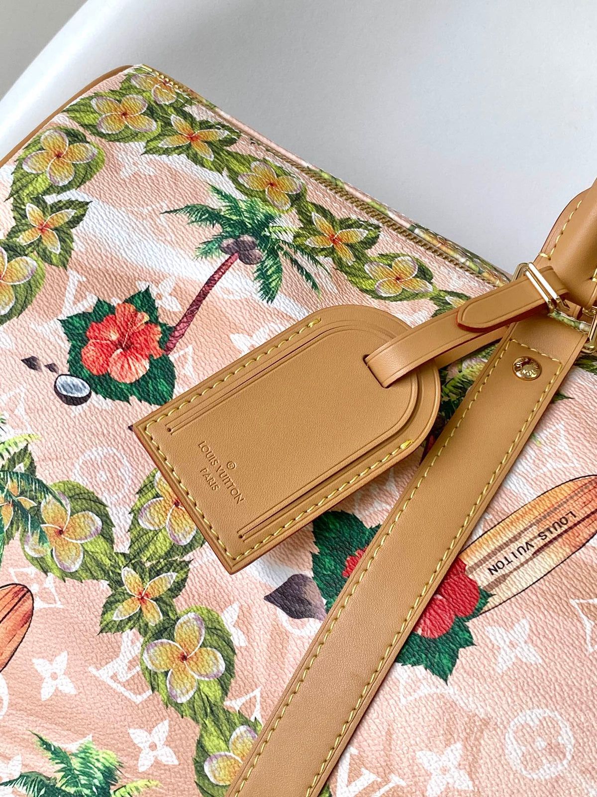 Louis Vuitton Keepall Bandoulière 50 in Sand Tropical Motifs Monogram Surfin Canvas Bag