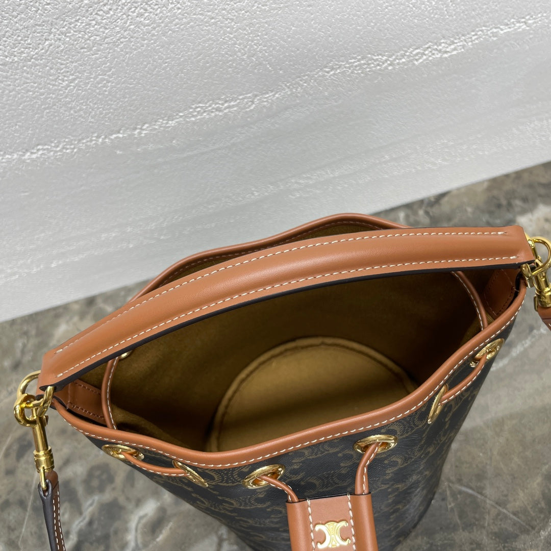 Celine Clara Bag 19 in Black Triomphe Canvas and Brown Calfskin Trim