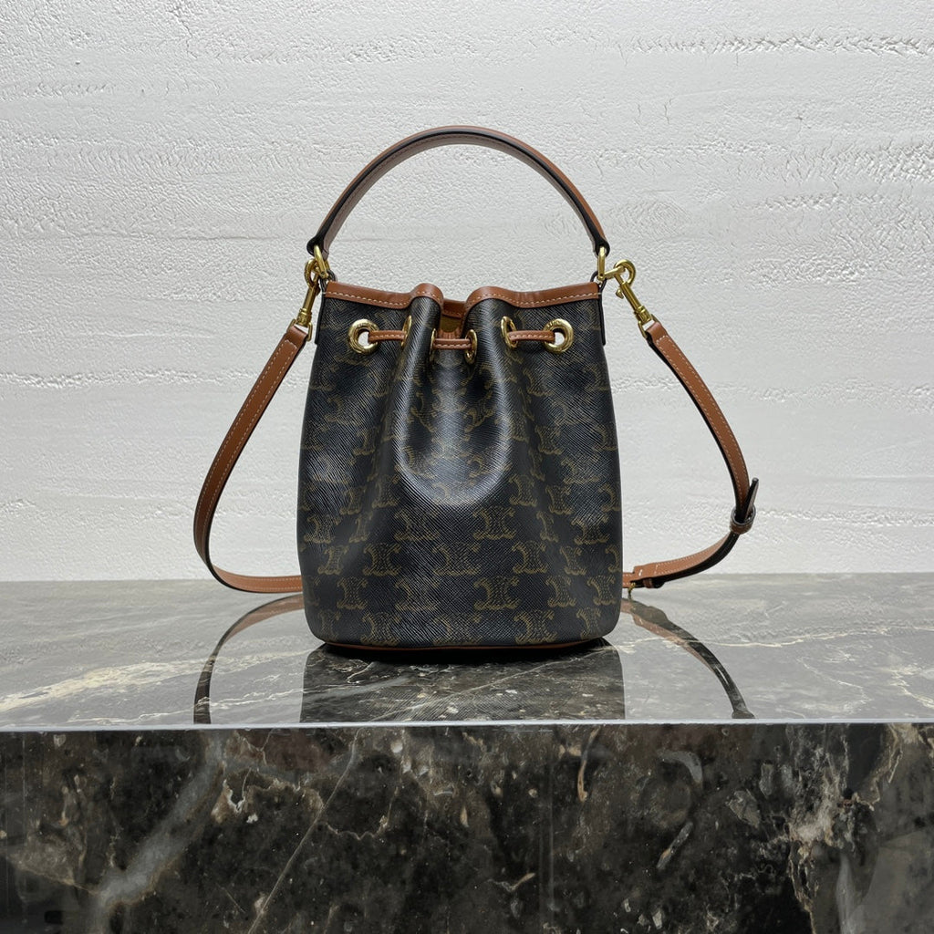Celine Clara Bag 19 in Black Triomphe Canvas and Brown Calfskin Trim
