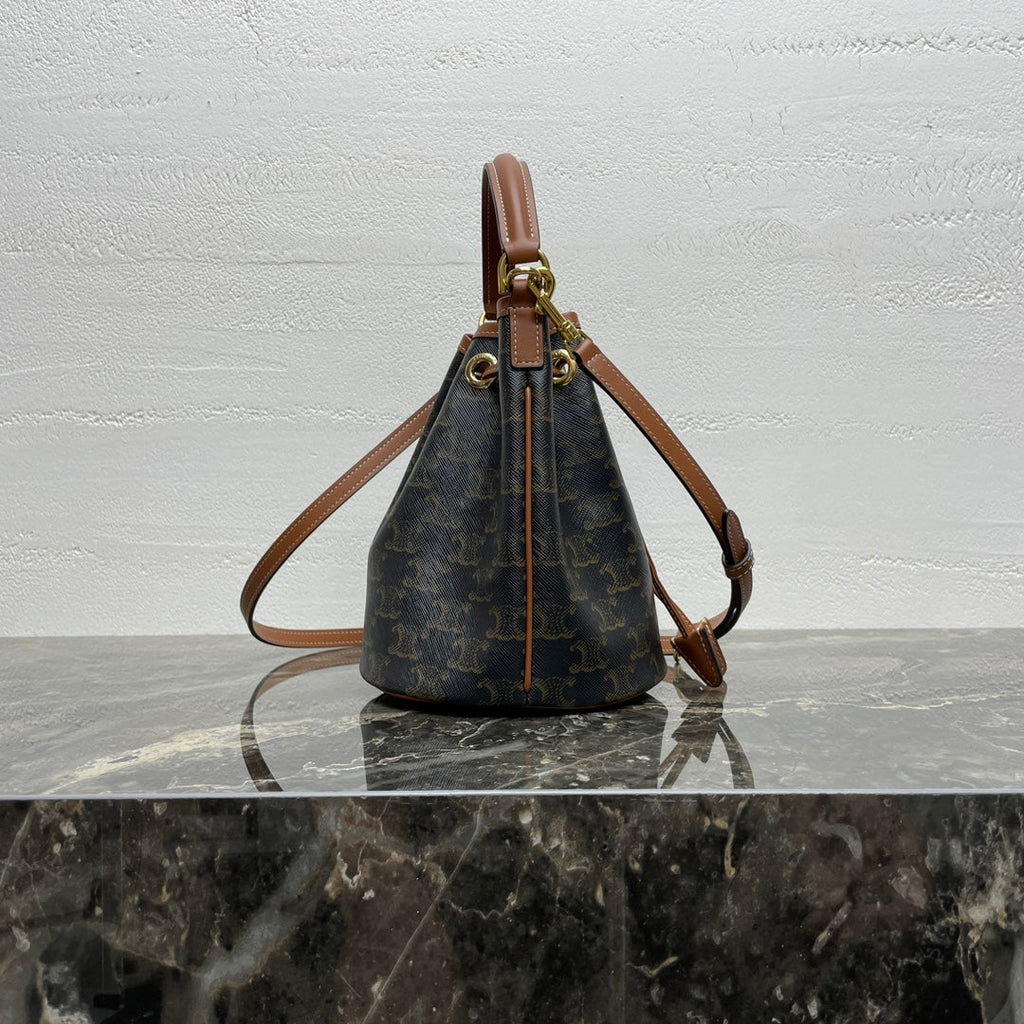 Celine Clara Bag 19 in Black Triomphe Canvas and Brown Calfskin Trim