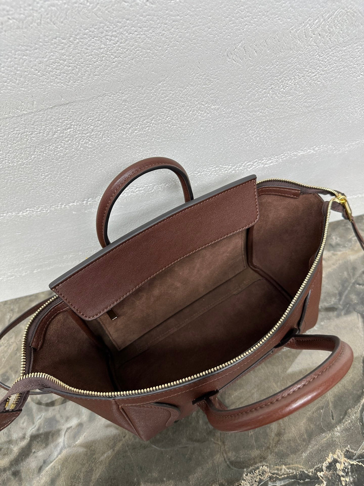 Celine 25S New Luggage 38mm in Chocolate Brown Shiny Lambskin Gold Hardware Bag