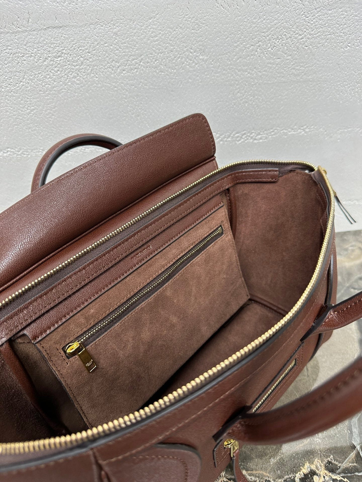 Celine 25S New Luggage 38mm in Chocolate Brown Shiny Lambskin Gold Hardware Bag