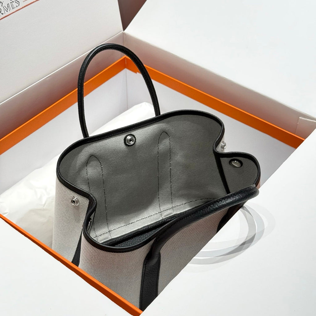 Hermes Garden Party 30cm in White Toilets Cotton Canvas and Black Calfskin Bag