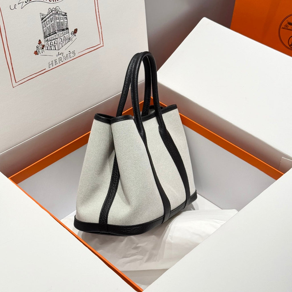 Hermes Garden Party 30cm in White Toilets Cotton Canvas and Black Calfskin Bag