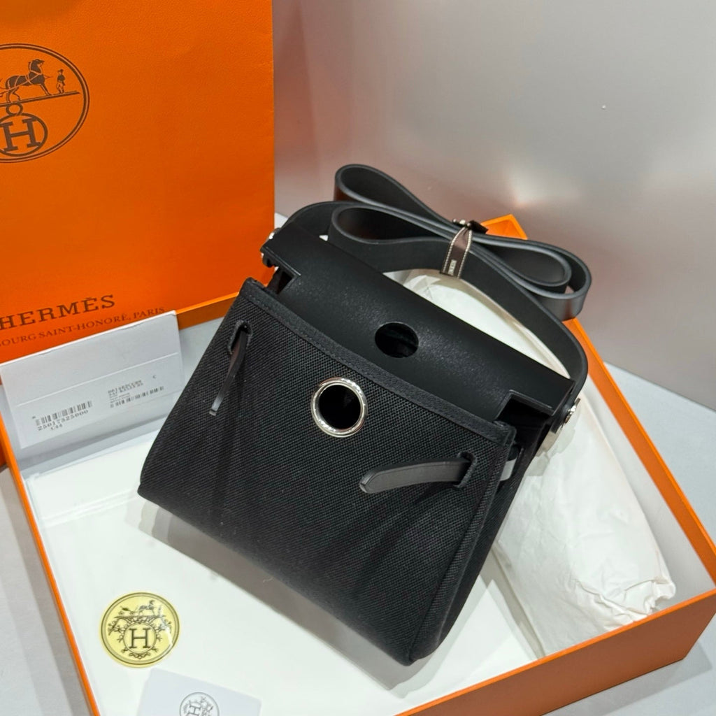 Hermes 25S Mini Herbag 20 in Full Black Canvas Silver Hardware Bag