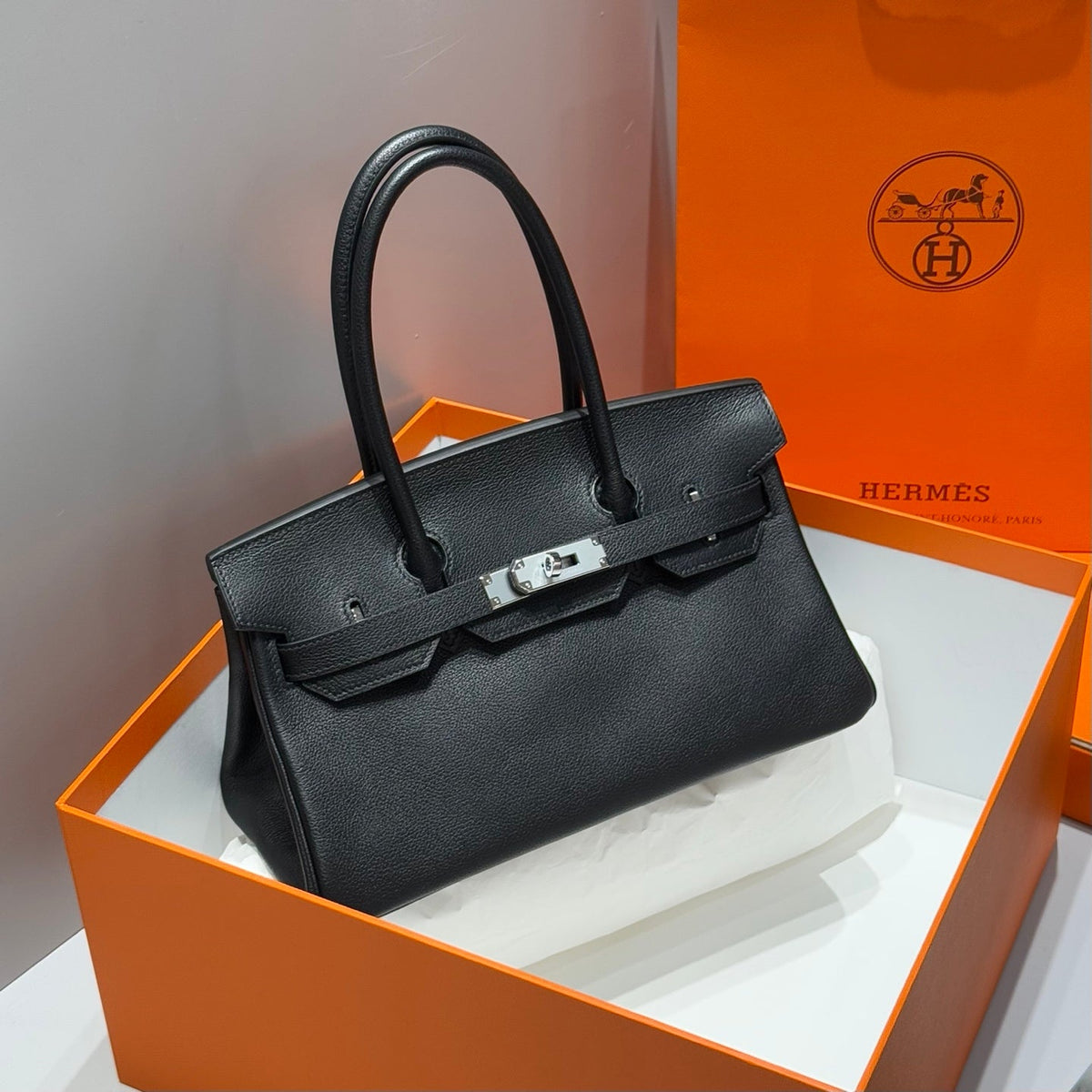Hermes 25S Shoulder Birkin 29 in Black Calfskin Silver Hardware Bag