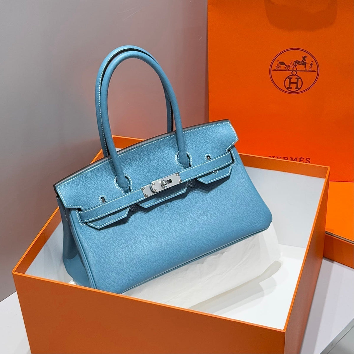 Hermes 25S Shoulder Birkin 29 in Denim Blue Calfskin Silver Hardware Bag