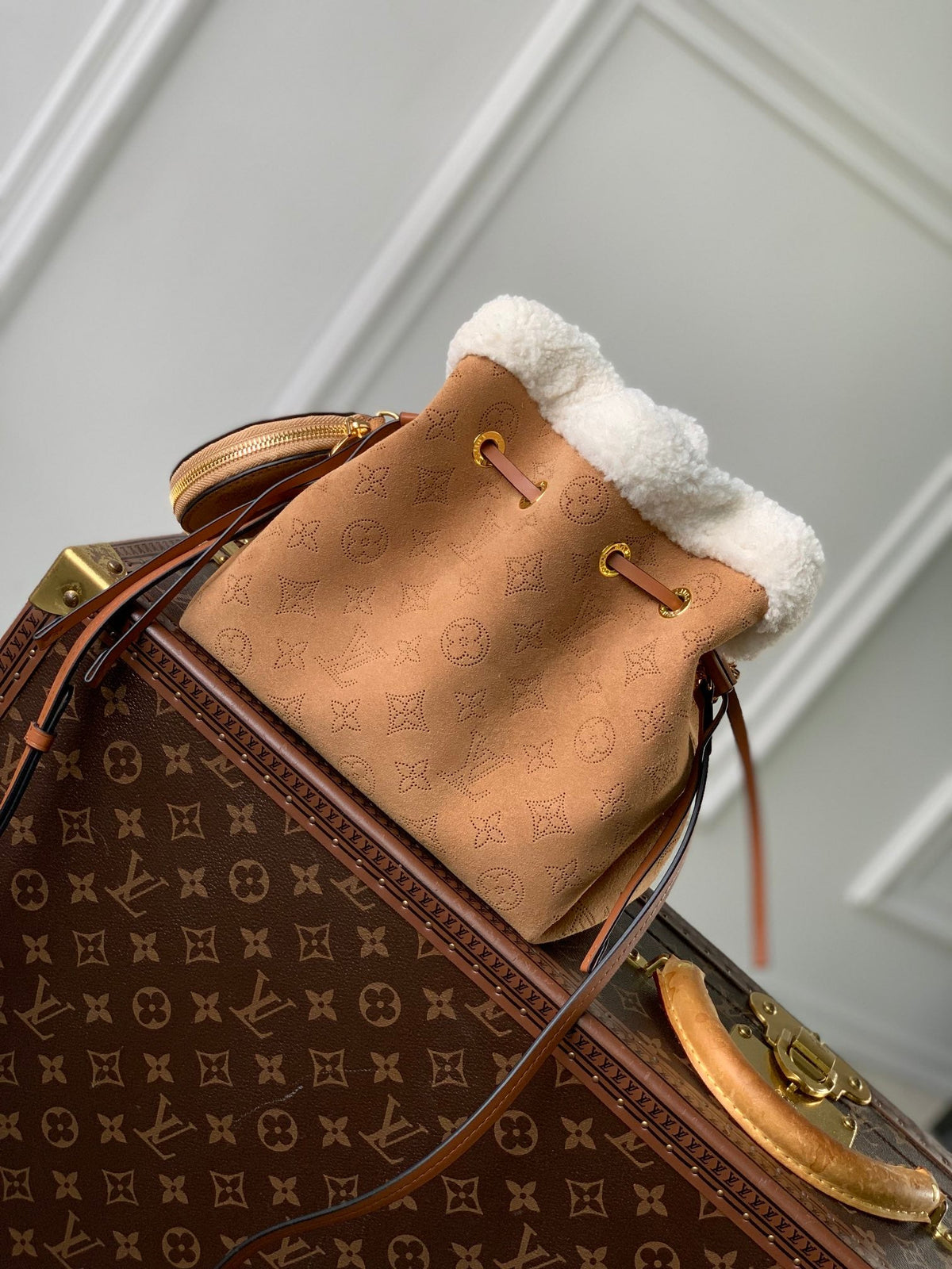 Louis Vuitton Bella 22 in Cinnamon Brown Monogram Perforated Suede and White Shearling Trim Bag